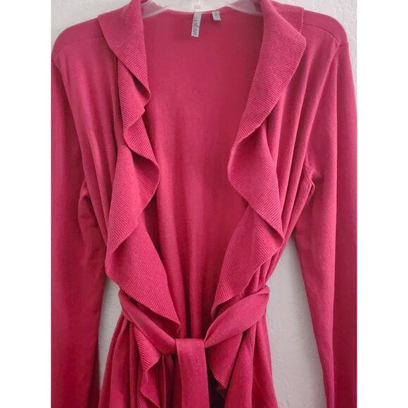 SWEATER/CARDIGAN-CASLON-Raspberry Red-Ruffles-Waist Tie-Long Sleeves-Size MED - Picture 3 of 8